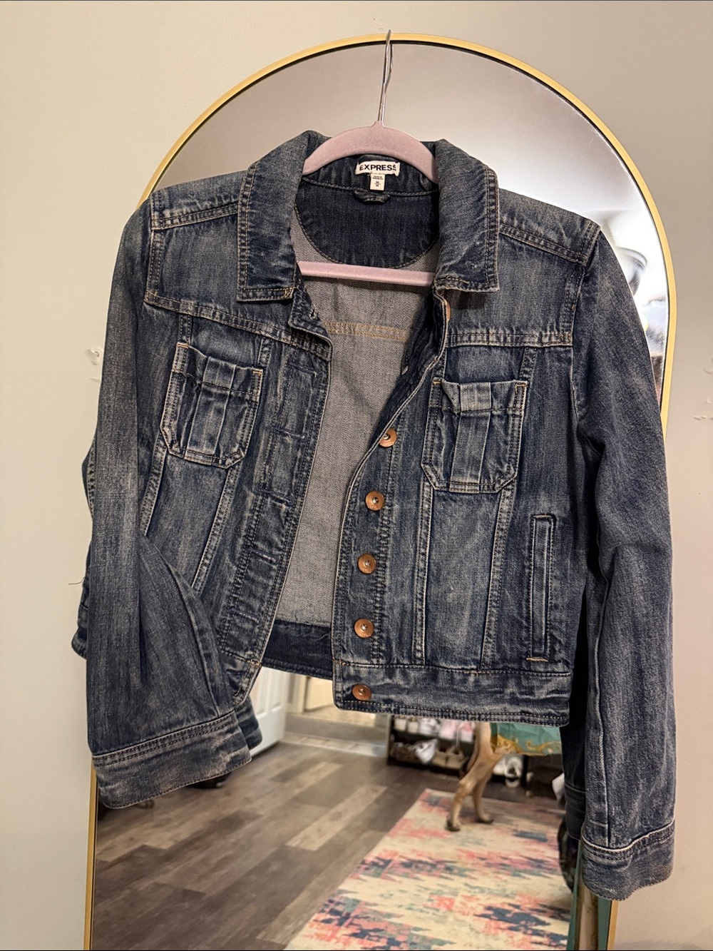 Express Women's Washed Blue Denim Jacket cute cropped length